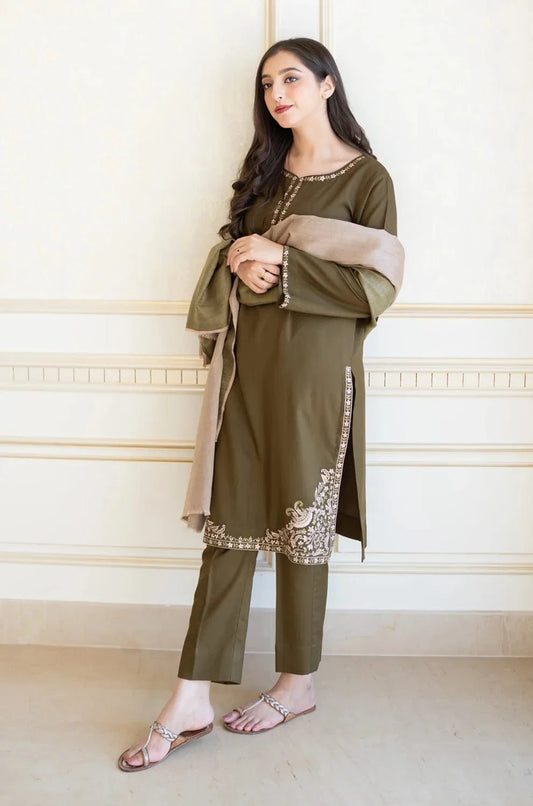 BYC-885 Mehndi Dhanak Embroidered 3Pc