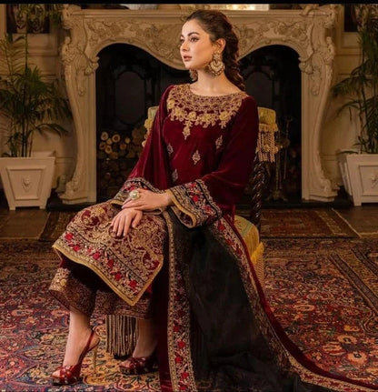 Qalamkar QL-110 Velvet Embroidered 3pc