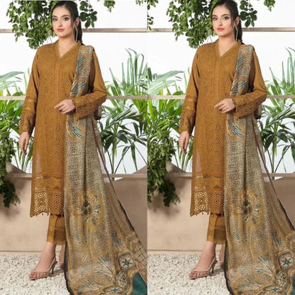 Chikenkari D-762 Mustard lawn Embroidered 3pc