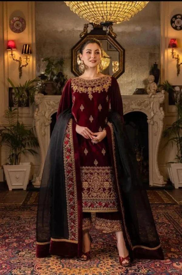 Qalamkar QL-110 Velvet Embroidered 3pc